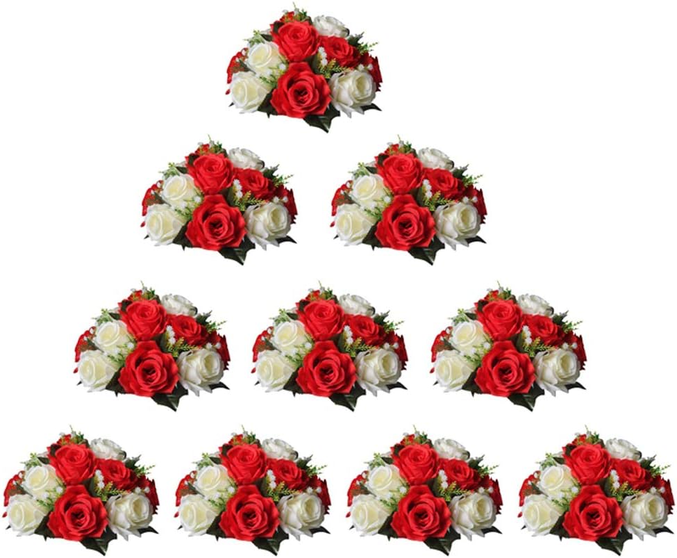 NUPTIO Pcs of 10 Fake Flower Ball Arrangement Bouquet,15 Heads Plastic Roses with Base, Suitable for Our Store's Wedding Centerpiece Flower Rack for Parties Valentine's Day Home Décor (Red & White)