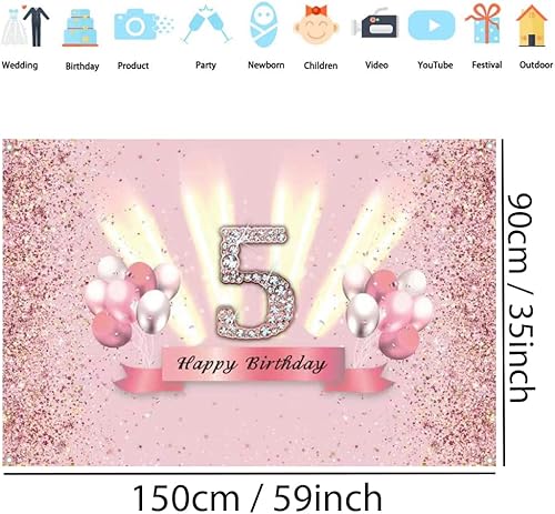 Miniatura 2 de Decoraciones de feliz cumpleaños 5 para niñas, pancarta de fondo para decoración de fiesta, póster de tela de aniversario, fondo de foto rosa,