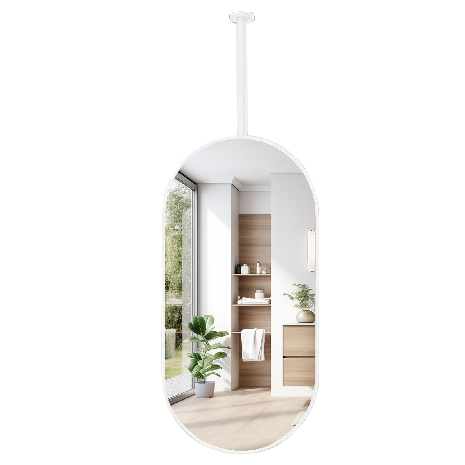 FGXHHS White Metal Pole Ceiling Suspended Mirror, Floating Hanging Mirrors, Ceil-Mounted Corridor - Customisable Suspension Rod(40cmx70cm)