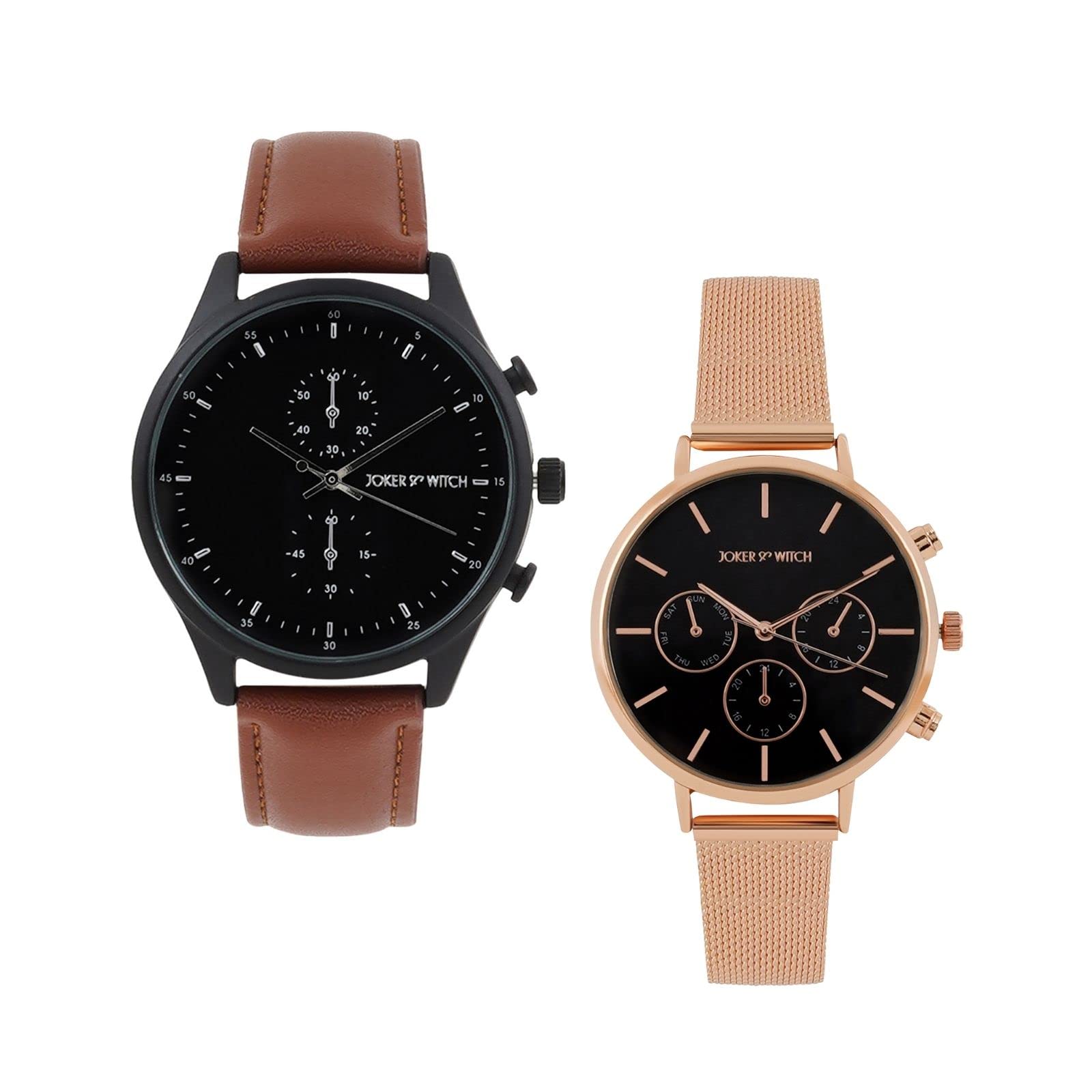joker & witch Leather Daphne & Simon Couple Analogue Watches, Black Dial, Brown Band-picture-37