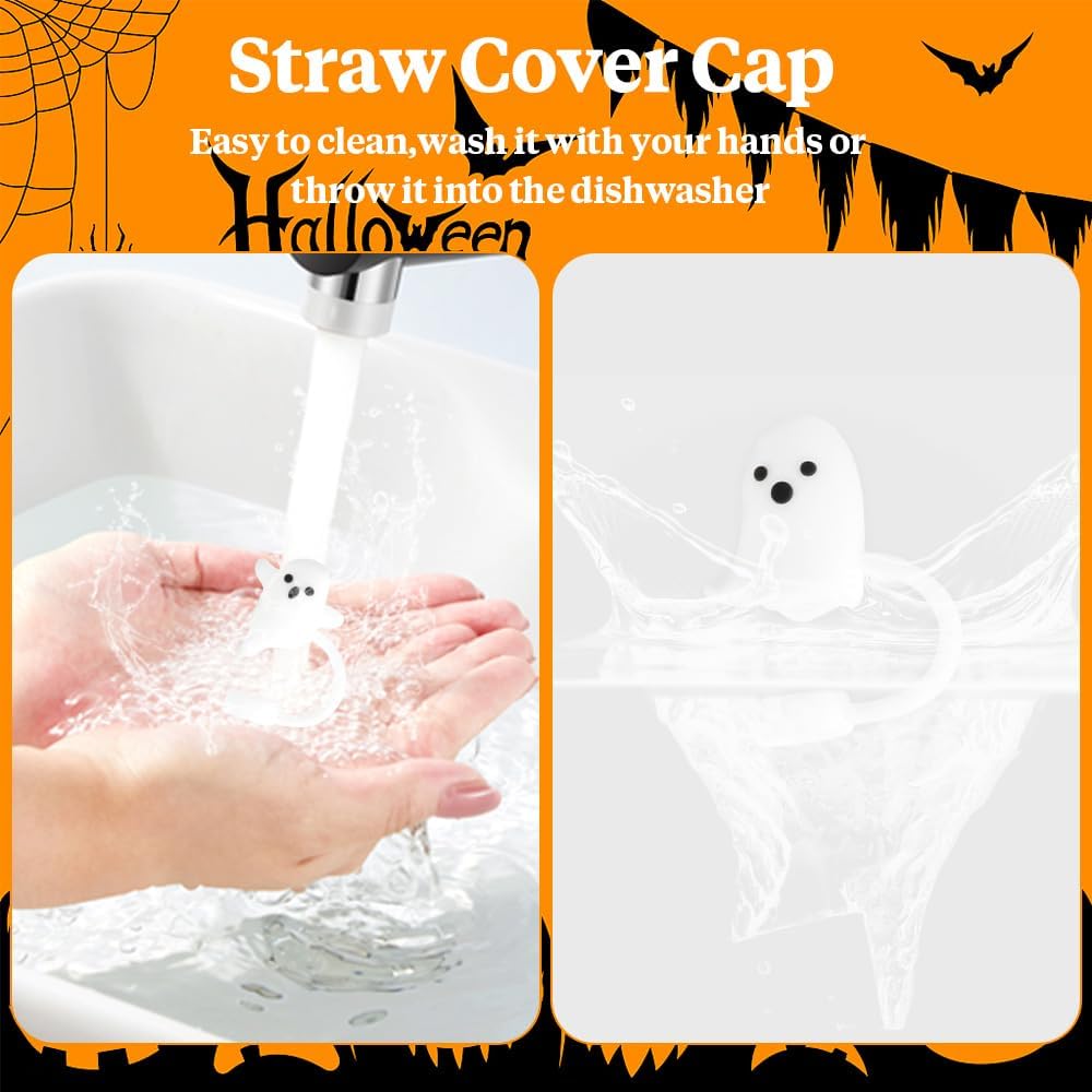4PCS Cute Ghost Halloween Straw Toppers for Stanley Cup,Dust-Proof Reusable Silicone Straw Cover Caps, Fits 30oz & 40oz Tumblers, Accessories for Halloween/Day of the Dead Gifts - Image 5
