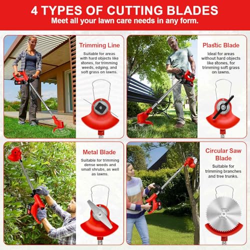 Weed Wacker Cordless,24v Electric Weed Eater Battery Powered,3 in 1 Lightweight Grass Trimmer with 2 4.0 Ah Batteries & Charger,Height Adjustable Wheeled Brush Cutte for Lawn Care,Garden,Yard (red)