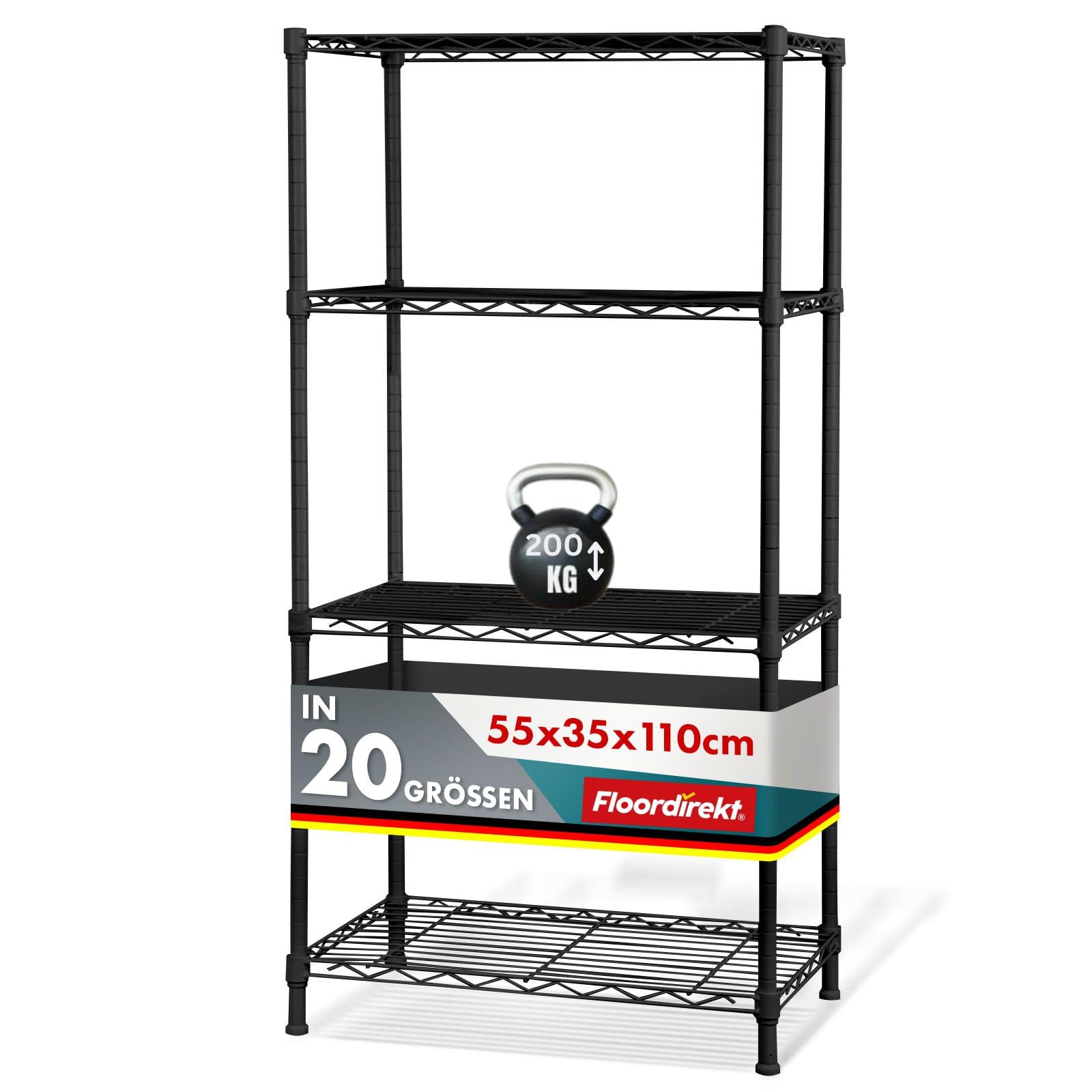 Rocky - Estantería de Rejilla (55 x 35 x 110 cm, Capacidad de Carga de 50 kg por Estante, Sistema de Almacenamiento Multifuncional, 5 x 35 x 110 cm, Color Negro)
