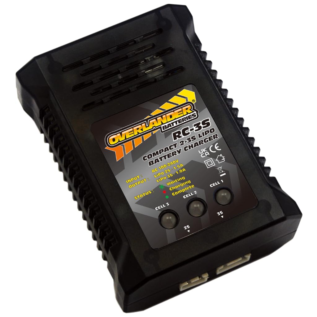 Overlander RC-3S LiPo Battery Charger, 7.4V-11.1V, 12W Output, 92x66x33mm, 100g, 2-3S Compatible, AC 100-240V Input, JST-XH Port, 0.2-1.5A Charge Current - #2913