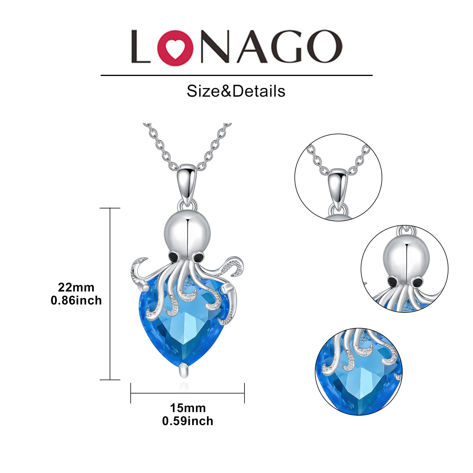 LONAGO Collar de Pulpo Plata de Ley 925 Pulpo Marino con Piedra de Nacimiento Collar con Colgante para Mujer