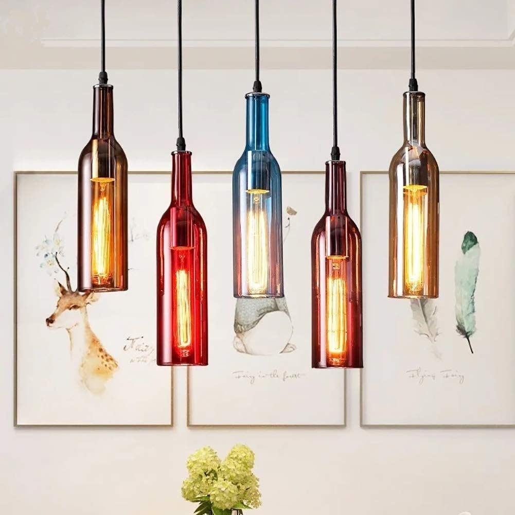 NZDY 5-Light Wine Bottle Pendant Light Fitting Vintage Industrial Colored Glass Hanging Lamp Creative Retro Ceiling Chandelier Lighting for Cafe Loft Bar Kitchen Island Restaurant E27