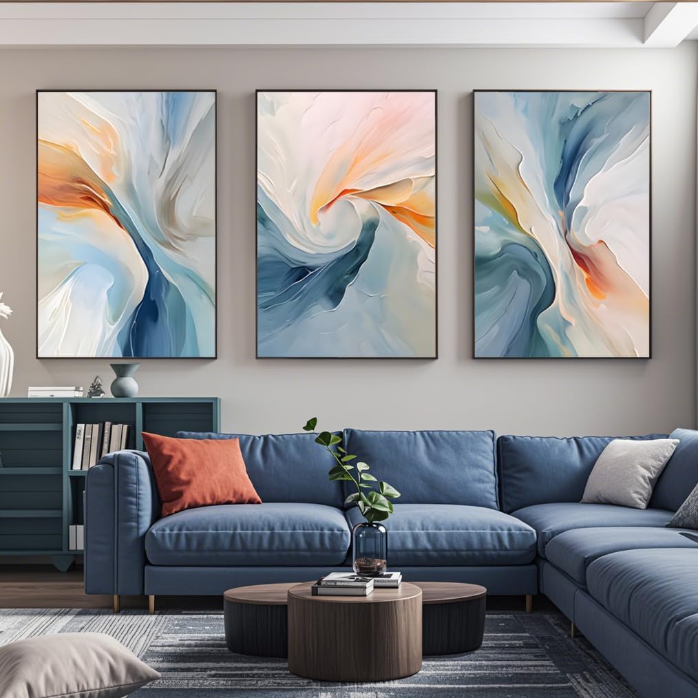VARUFLY Modern Abstract Wall Art Canvas Prints, 3-Piece Set, Blue and Orange Swirl Design, Framed Canvas Wall Art for Living Room Home Decor 16“X 24”