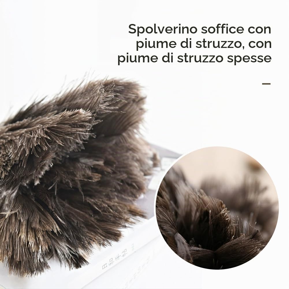 Spolverino per Piuma di Struzzo, Spolverino Soffice Piume di Struzzo Manico in Legno Riutilizzabile Lavabile ecologico Grande Pulizia per Piumino di Struzzo - 22,44 pollici