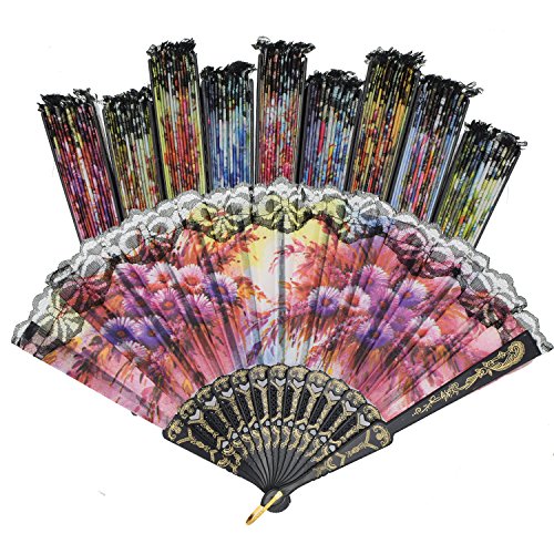 YOKIND 10 Pack Vintage Spanish Floral Folding Hand Fan Sequin Fabric Folding Handheld