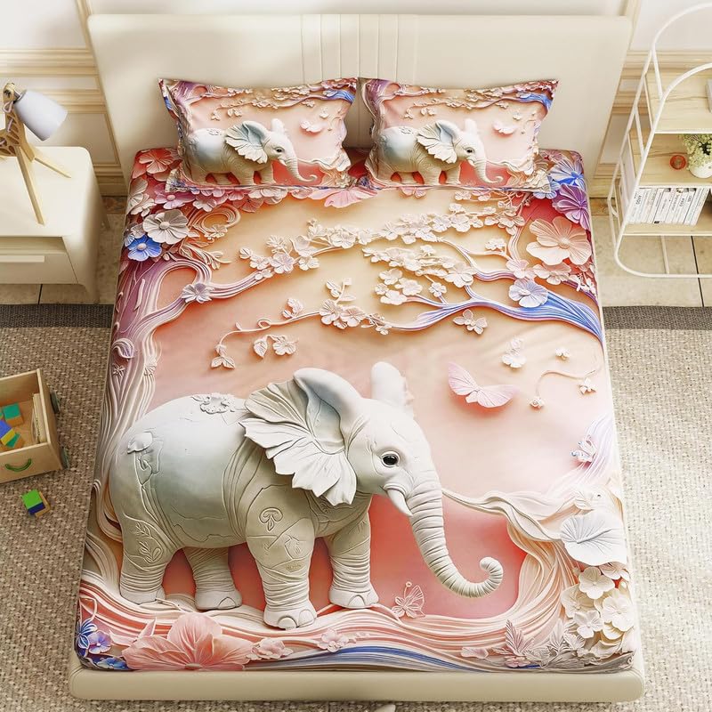 Image of Akshya Modern 7D Digital Printed Bedding Set - Glace Cotton Double Bed Sheet, 300 TC Fade-Resistant King Size Flat Sheet Pink Elephant