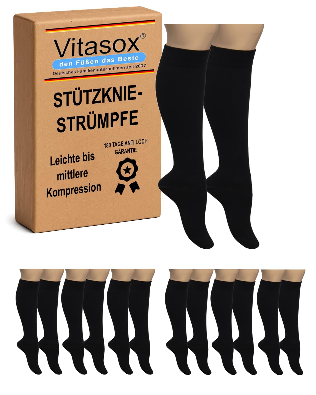 Vitasox Stützkniestrümpfe für Damen & Herren 6 Paar, Reisekniestrümpfe aus Baumwolle, Stützstrümpfe mit leichter bis mittlerer Kompressions, Kompressionsstrümpfe für Büro und Alltag
