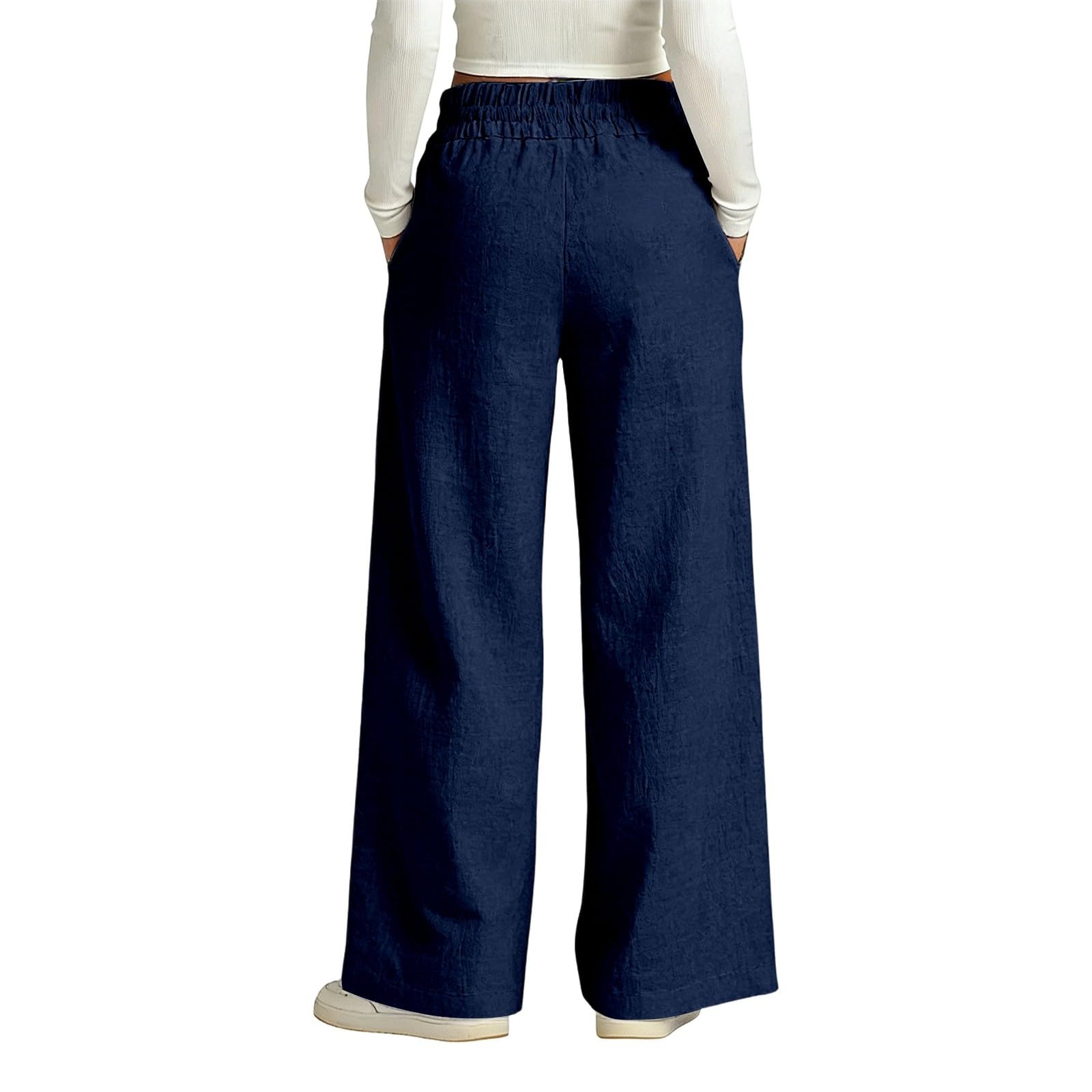 Pantalon Fluide Femme Été Léger Pantalon en Lin Décontracté Taille Elastique Pants à Jambes Larges avec Poches Respirant Confortable Pantalons Ample de Plage - 2