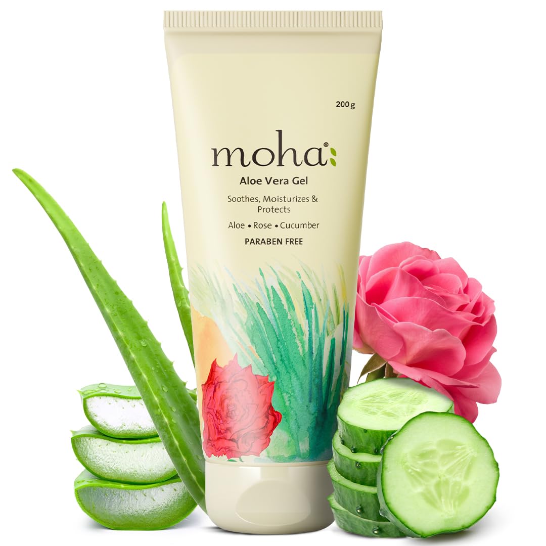 Moha Aloe Vera Gel for Face, Skin & Hair | Pure Aloe Vera Gel with Rose & Cucumber | Hydrates, Soothes & Repairs Skin Naturally | Strengthens Hair & Calms Scalp | Lightweight, Non-Sticky Organic Gel Formula - 200 gm (Pack of 1)