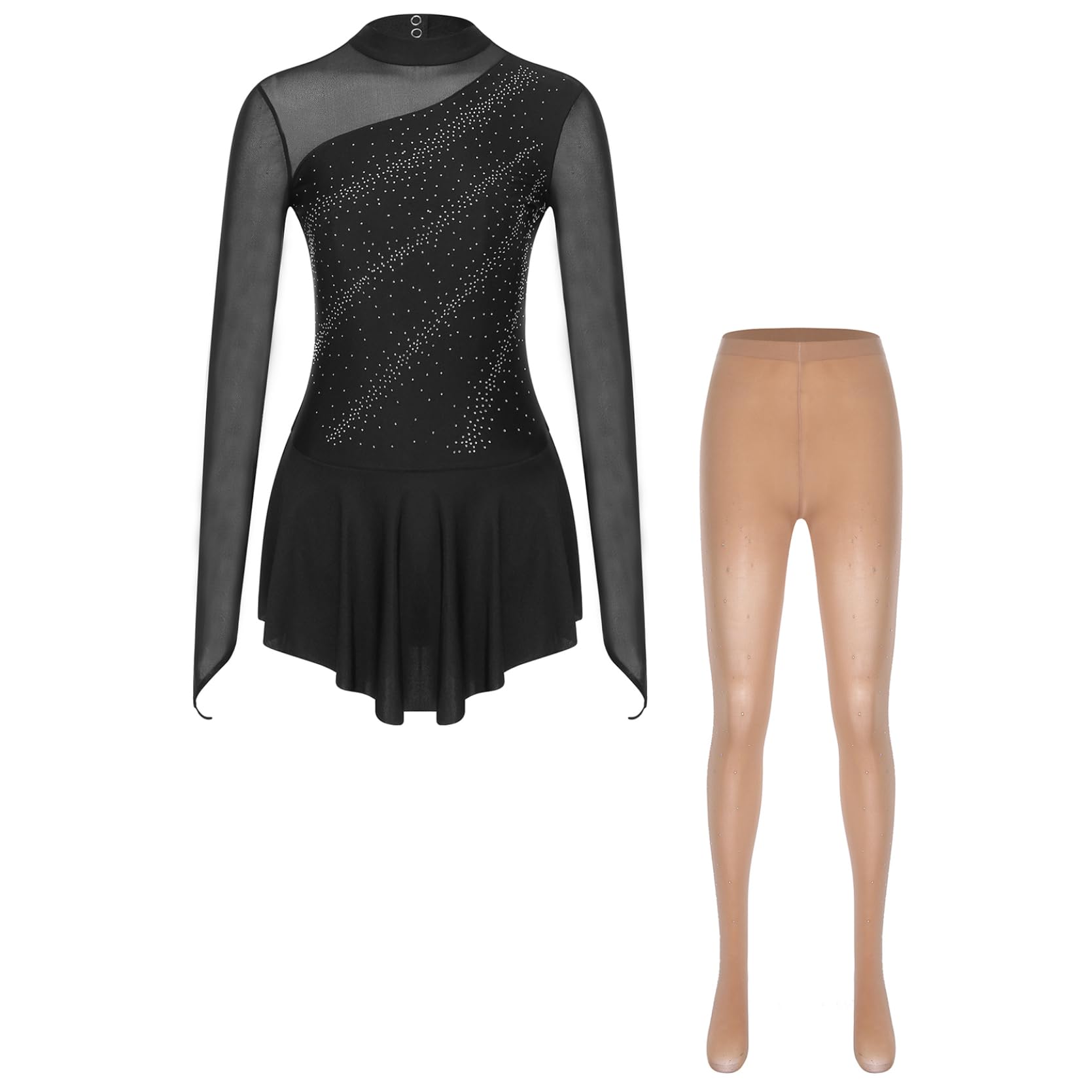 inlzdz Damen Eiskunstlauf Kostüm Langarm Kürkleid Eiskunstlauf Kleid mit Leggings Trainingshose Übung Eislaufen Kleidung Wettkampf Auftritt
