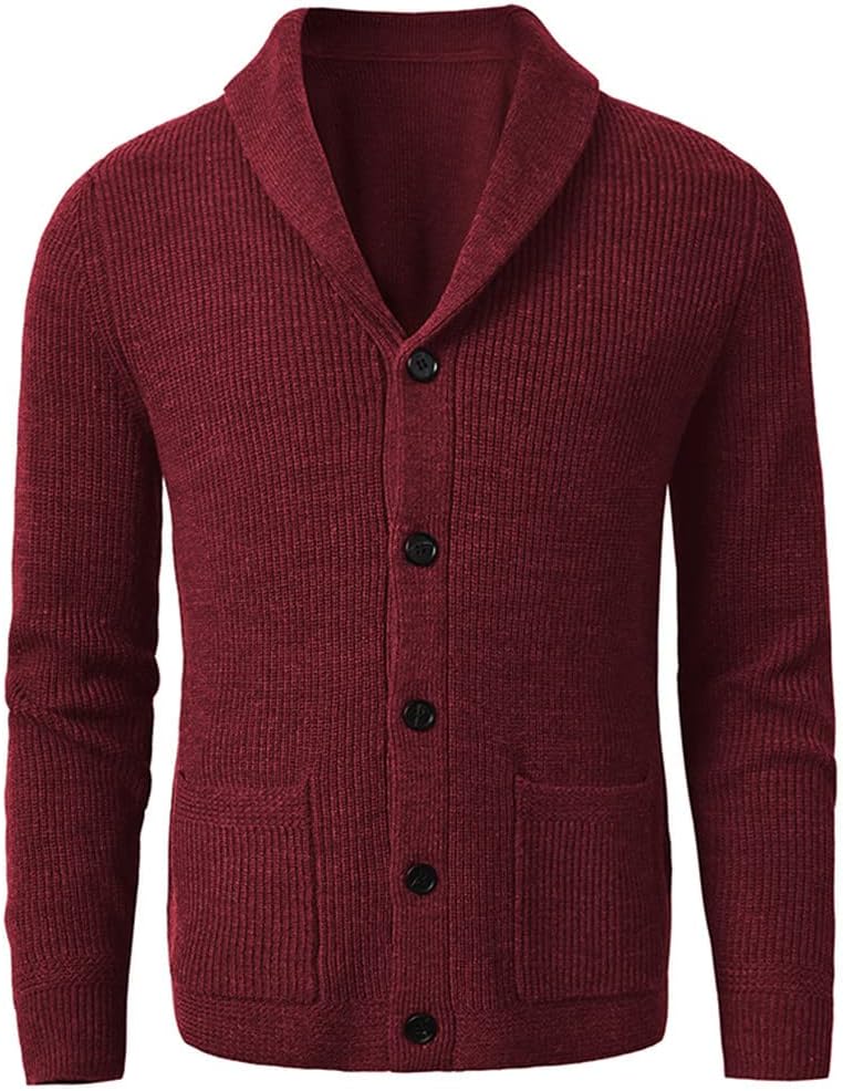 KEHAIOO Men's Shawl Collar Cardigan Sweater Slim Fit Knit Button Black Merino Wool Sweater