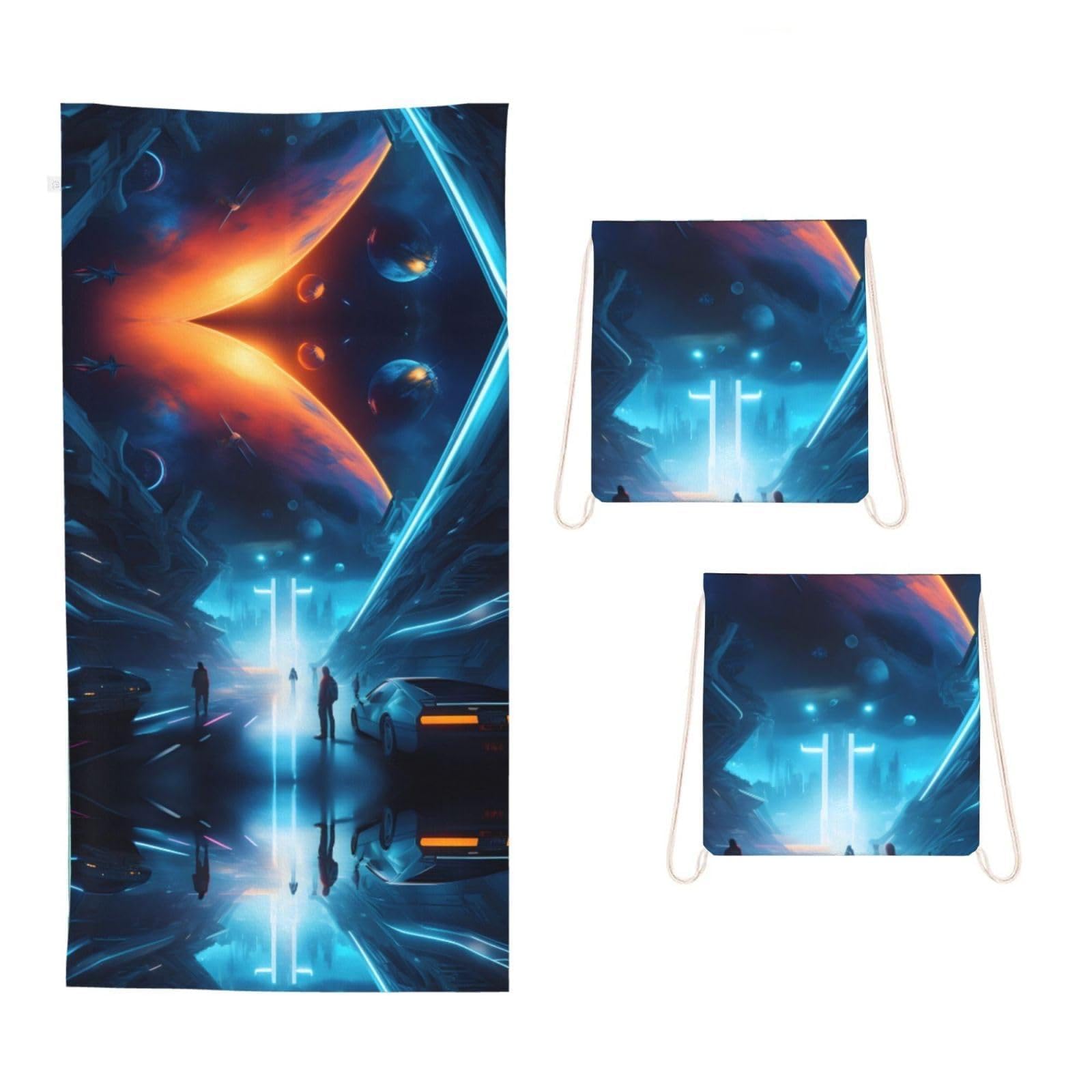 CNTDBU Science Fiction Future 2 in 1 Packable Towel Bag-Large Beach Towel with Stuff Sack, Super Absorbent Microfiber Travel Towel for Pool