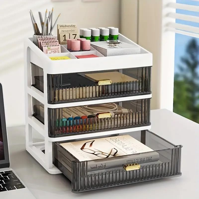 3-Tier Desktop Drawers for Study Table, Desk Storage Box with Lid, Stackable Organizer for Office Stationery, Small Drawer Unit for Student White Frame Transparent Black Drawers-picture-10