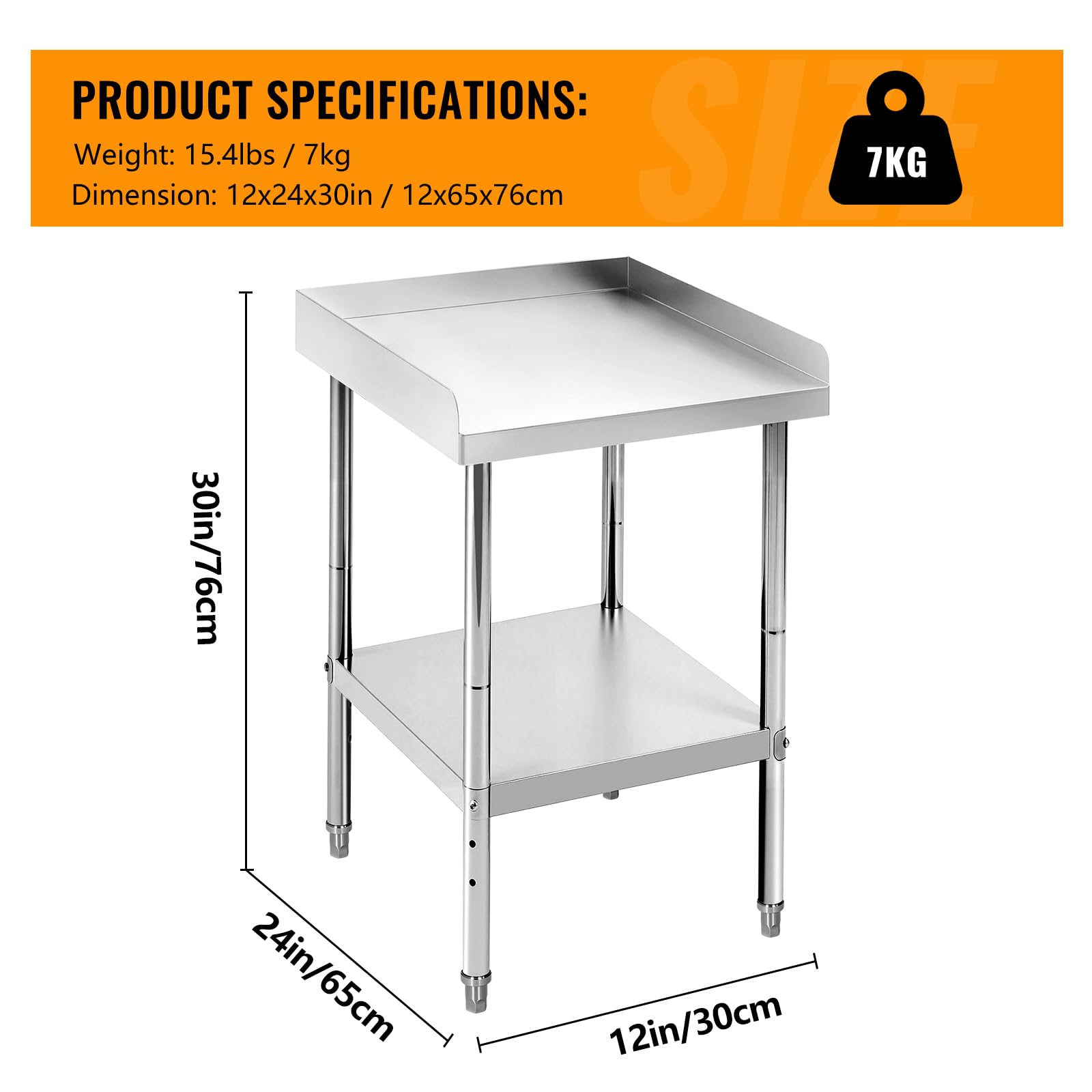 Garvee Mesa de Trabajo Acero Inoxidable 201 30,5 × 61 × 76 cm con Protector Fijo, Estante Inferior, Mesa Auxiliar Cocina BBQ Exterior