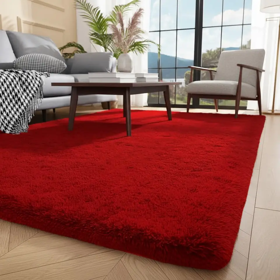 Tapete Shaggy 150 x 200 cm Antiderrapante(Vermelho) | Pelos de 40 mm, toque macio, lavável em máquina e peso de 2 kg para salas e quartos