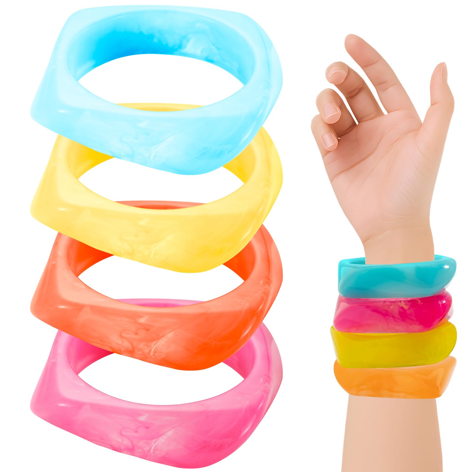 4 Pcs Chunky Bangle Bracelets Set for Women, Candy Color Square Geometric Acrylic Resin Bracelets Vintage Wide Statement Irregular Wristbands Jewelry Gift
