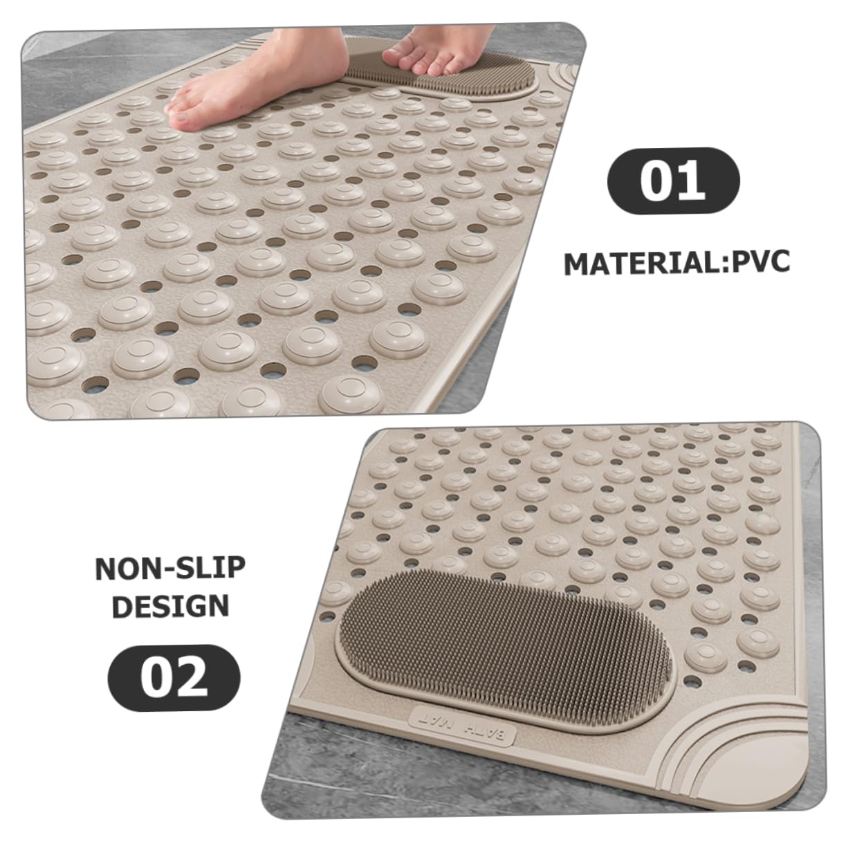 Mobestech Alfombrilla para Ducha Antideslizante de PVC Beige con Ventosas y Orificios de Drenaje, Almohadilla de Masaje para Pies Resistente y Exfoliante para Baño