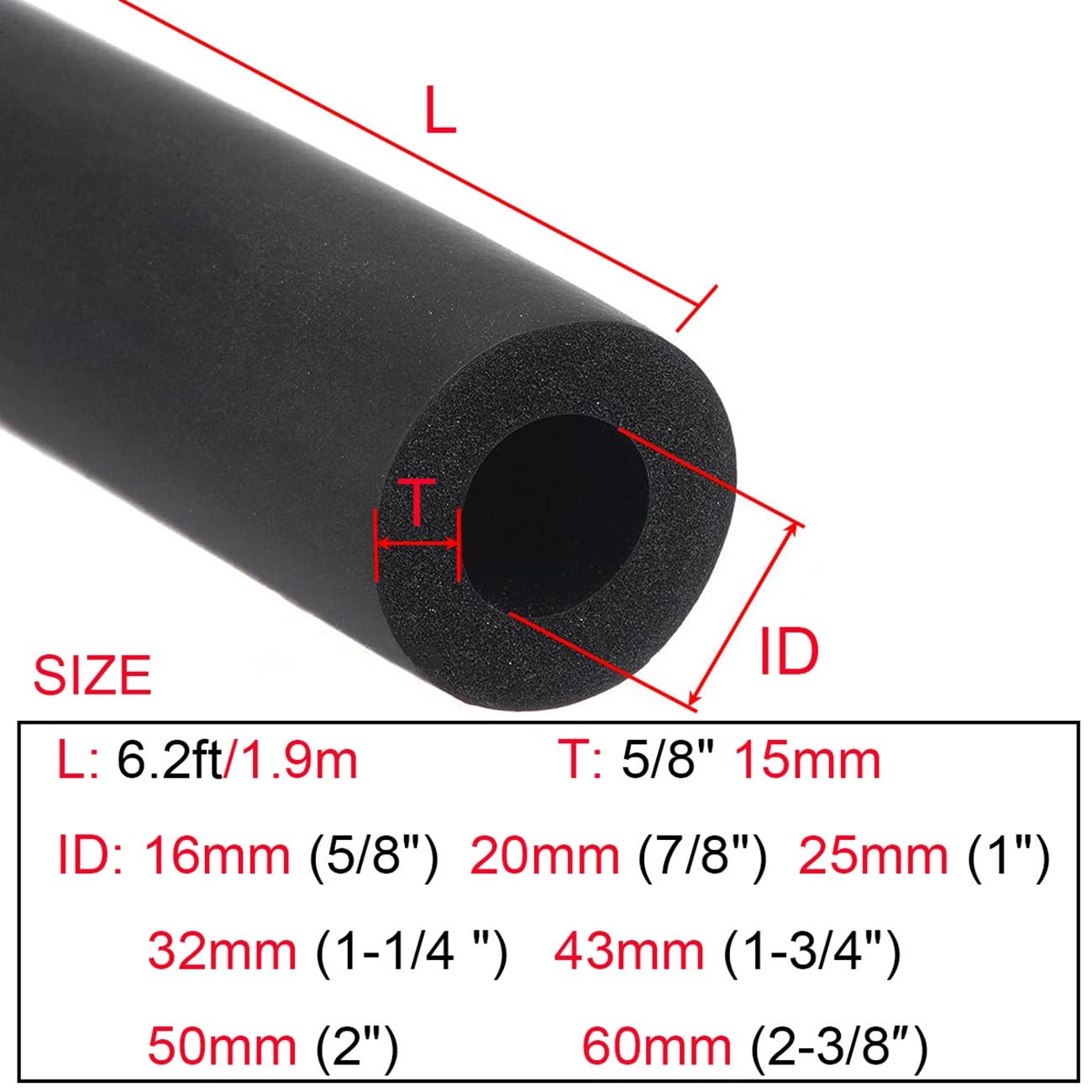 Espuma aislante for tuberías, aislamiento de tubulares caucho, tubo anticongelante retardante, diámetro exterior 15 mm, longitud 1,9 m(60mm)