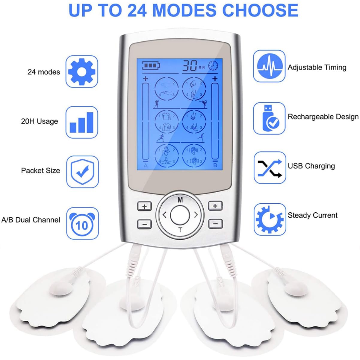24 Configuraciones Electroestimulador de Músculos para Cuello y Parte Superior, Kit Masaje 8 Parches y Masajeador ABS/Goma, Plata, Hogar