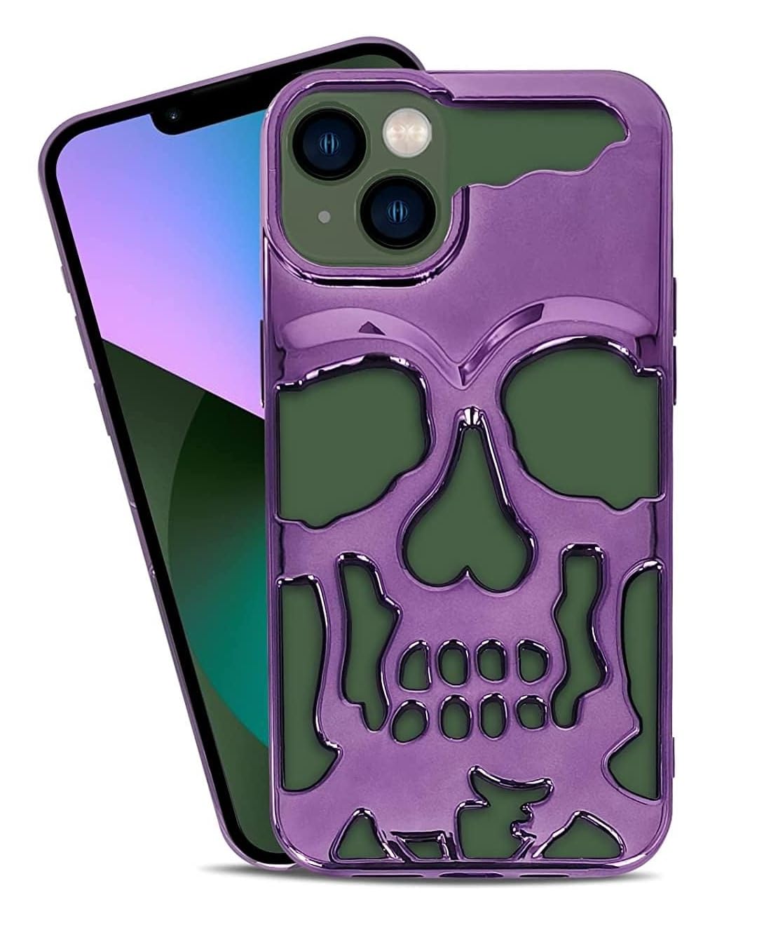 LOOPEE® Luxury Plating Skull Phone Case - for iPhone 14 Metal Hollow Soft Cases Cover, Personality Carving Phone Cover (Purple)