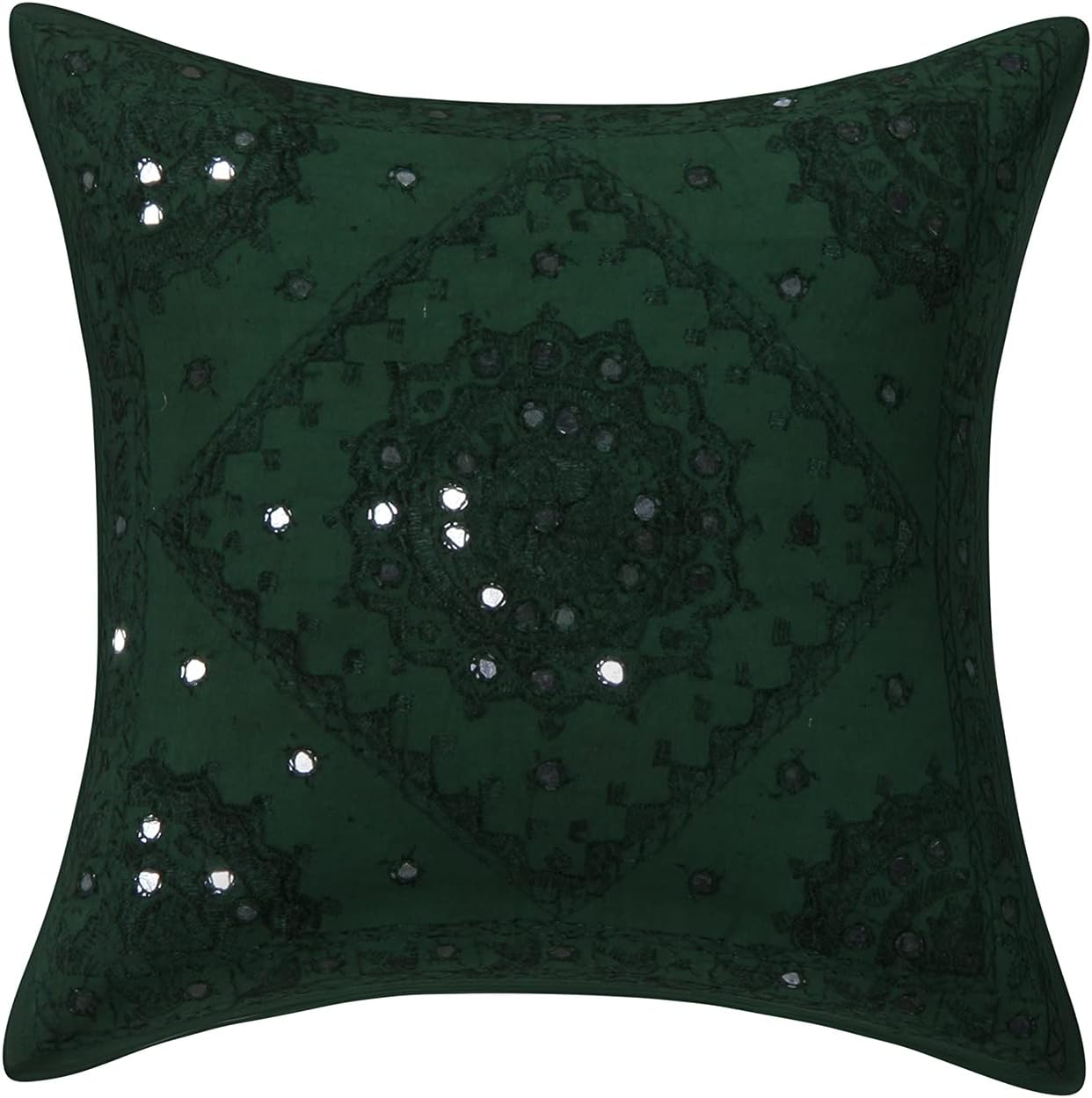 Boho Decorative Accent Throw Pillow Covers 16 x 16 Inch Cotton Embroidered Mirrored Ethnic Square Sofa Cushion Covers (Size - 40x40 cm ; Color: Dark Green) - Set of 4 Pcs (Cover Only)