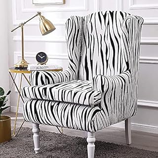 Wing Chair Covers, 2 Pieces Zebra Striped Stretch Wingback Chair Slipcovers Elastic Polyester Spandex Fabric Stretch Sofa Armchair Slipcovers Washable Furniture Protector (White)