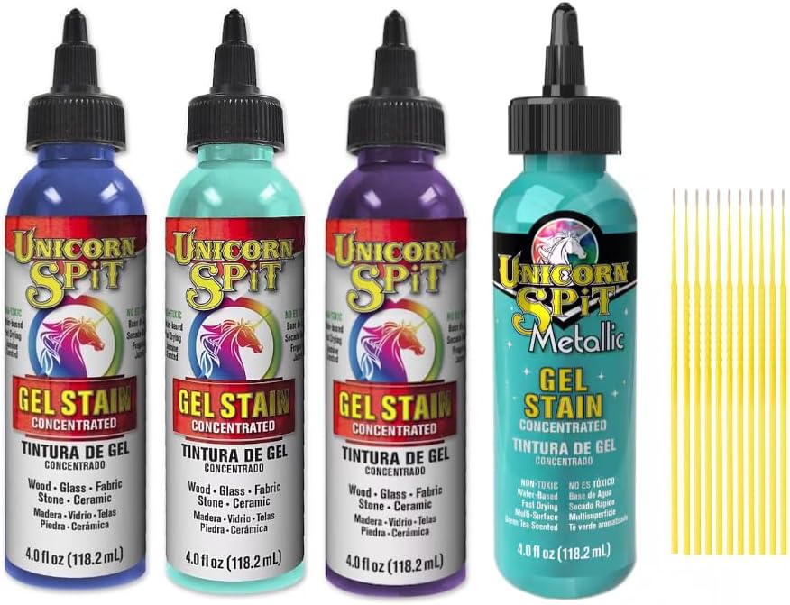 Unicorn SPiT Gel and Glaze Stain Celebration Collection: 4, 4oz. Bottles with Trebbies Detail Sticks (Zia Teal, Purple Hill Majesty, Pixie Punk Pink, Zeus Gold)