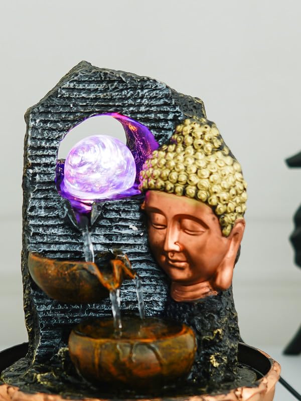 Image of Golden Brown Polyresin Tabletop Side Face Buddha Indoor Water Fountain for Home Decor with Multi LED, Speed Control Pump and Crystal Ball (Size: 20 x 22 x 29 CM | Weight: 1120 Gram)