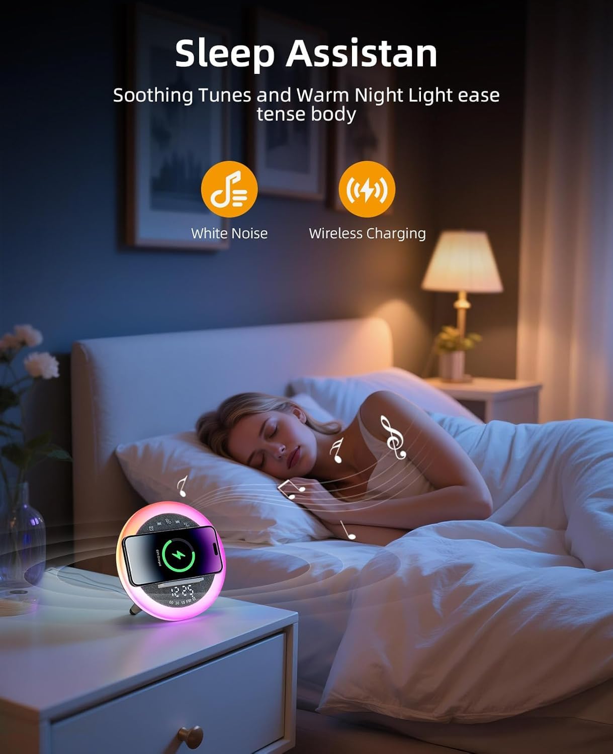 Lampe Chargeur sans Fil, Réveil avec Chargeur à Induction, Haut-Parleur Bluetooth éclairage ambiant synchronisé avec la Musique, Réveil numérique, pour lit/Salon