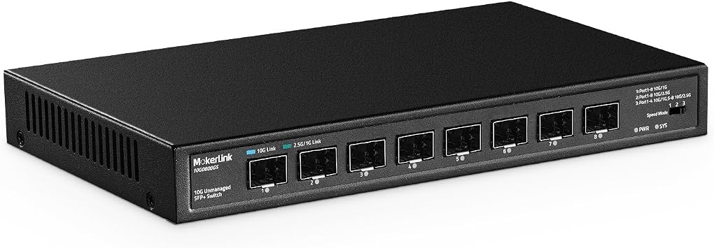 MokerLink 8 Port 10Gbps SFP+ Switch, Support 1G/2.5G/10G SFP Module, 160Gbps Bandwidth, Fanless Unmanaged Plug and Play Ethernet Switch