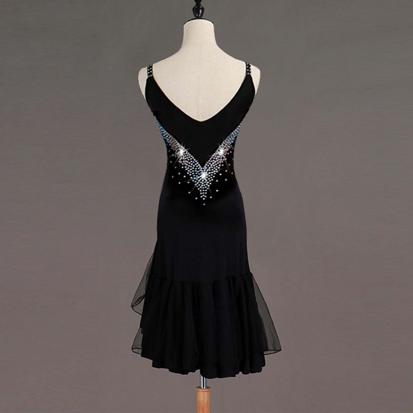 Damen Schwarz Latein Tanzkleider Neckholder Latein Turnierkleid Ballsaal Rückenfrei Salsa Samba Fransen Schlitz Rock Walzer Foxtrott Tanzkleid Latein Trainingskleid