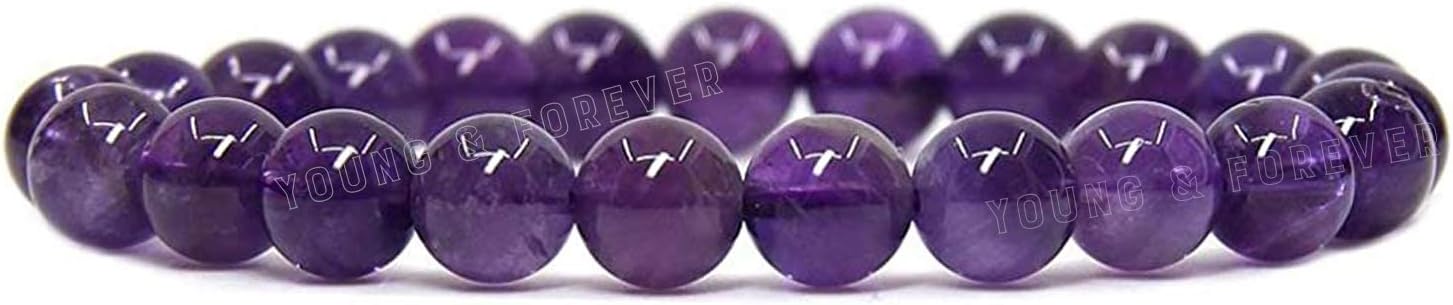 Young & Forever Gift Energized Reiki Crystal Semi Precious Gemstone Amethyst Bracelet for Purification Healing Stone Stretch Bracelet for Men and Women