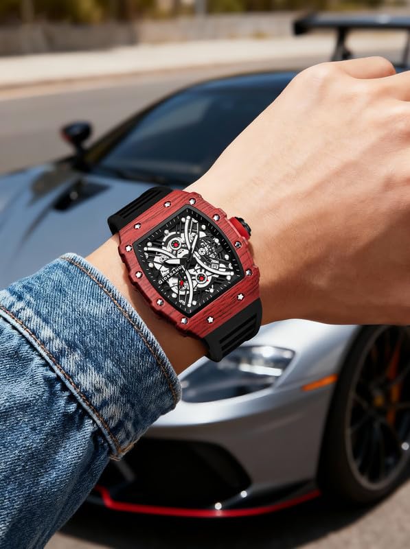 Image of Giordano Analog Square Watch for Men with Skeleton Design, Rugged Textured Case, Luminous Hands, and Silicone Strap