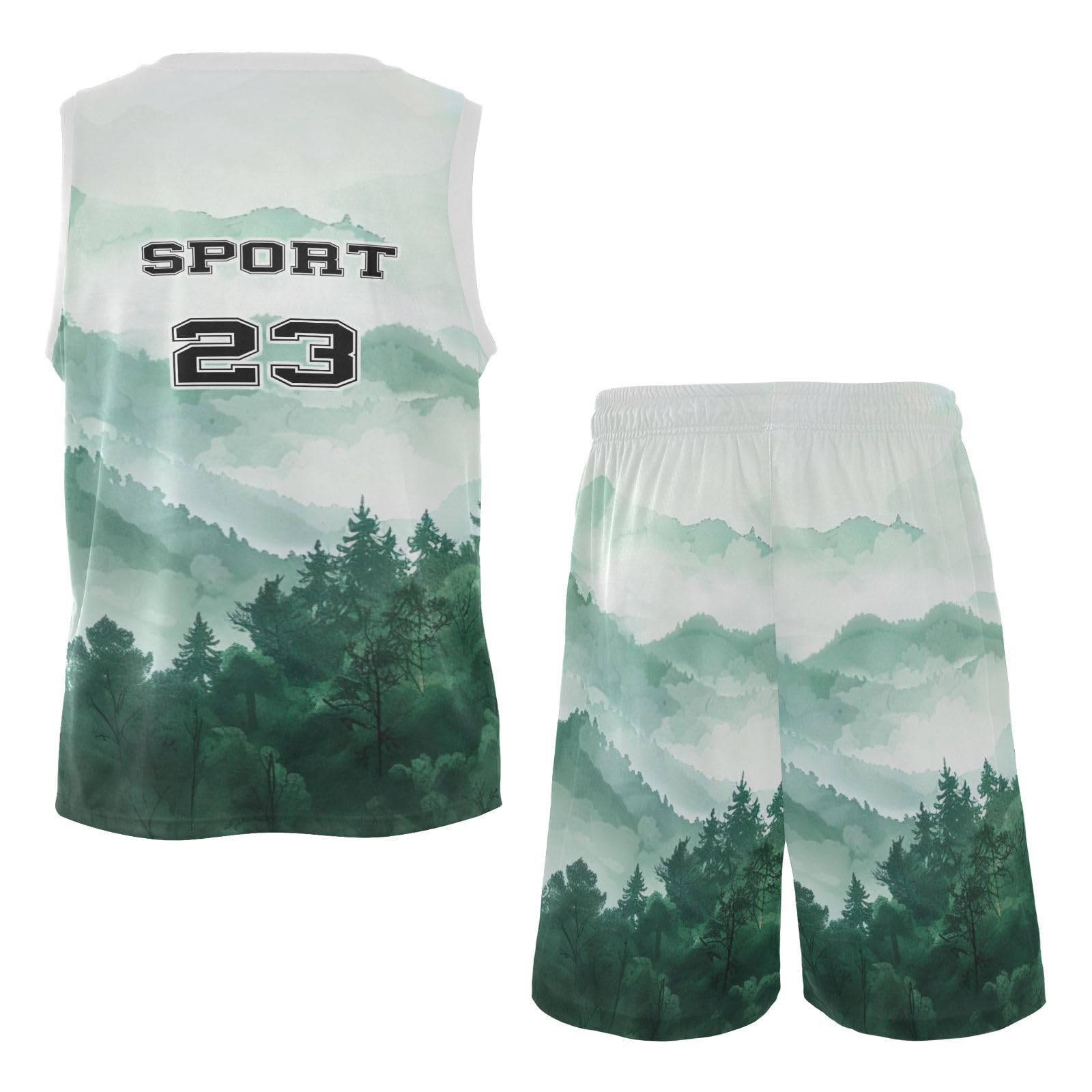 FLildon Watercolor Green Mountain Boys Basketball Jersey Set Tank Top Shorts Tracksuit Sport Training Suit for Kids, L