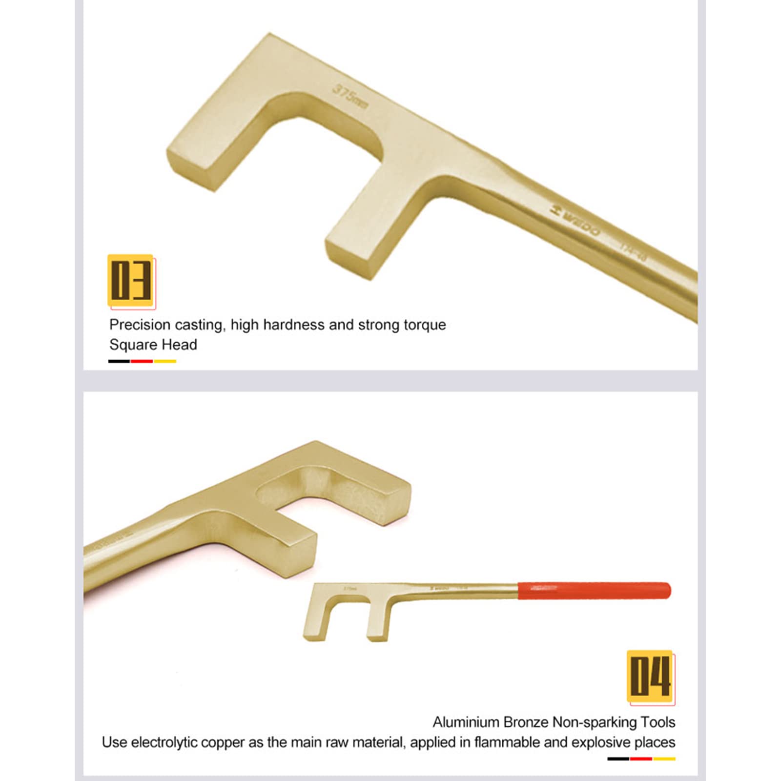 WEDO Llave de mango de válvula sin chispas tipo F con mango de plástico, llave de seguridad sin chispas, bronce de aluminio, estándar DIN, certificado BAM y FM, 1.18 pulgadas, 30 mm de ancho