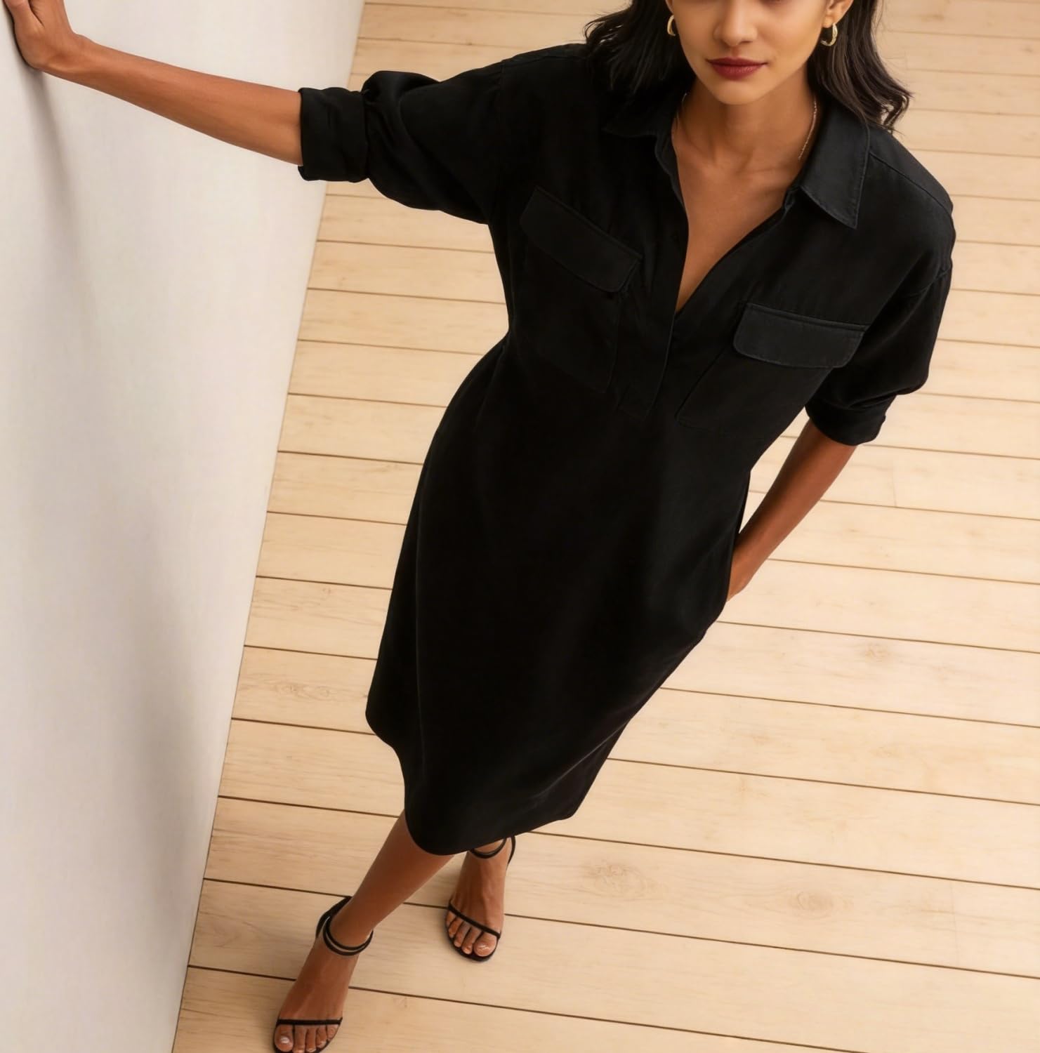 Vestido Midi Elegante para Mujer: Mezcla de Algodón y Lino, Cuello Camisero, Manga Corta, Escote en V con Solapas y Bolsillo