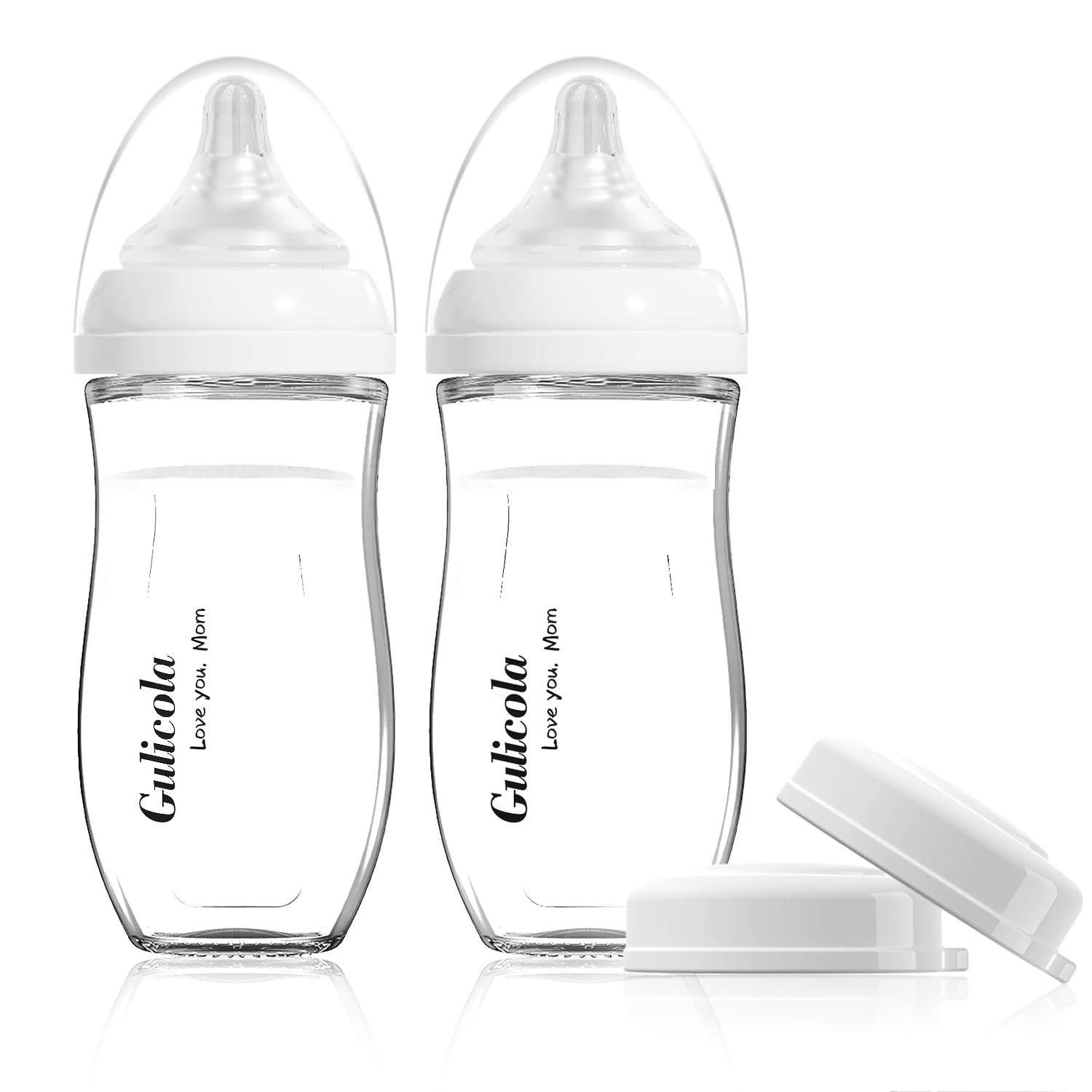 Gulicola Natural Glass Baby Bottle for Breastfed Babies, Anti-Colic Baby Bottle Set with Medium Flow Nipple, 3 Months +, 8 oz, 2 Pack - White