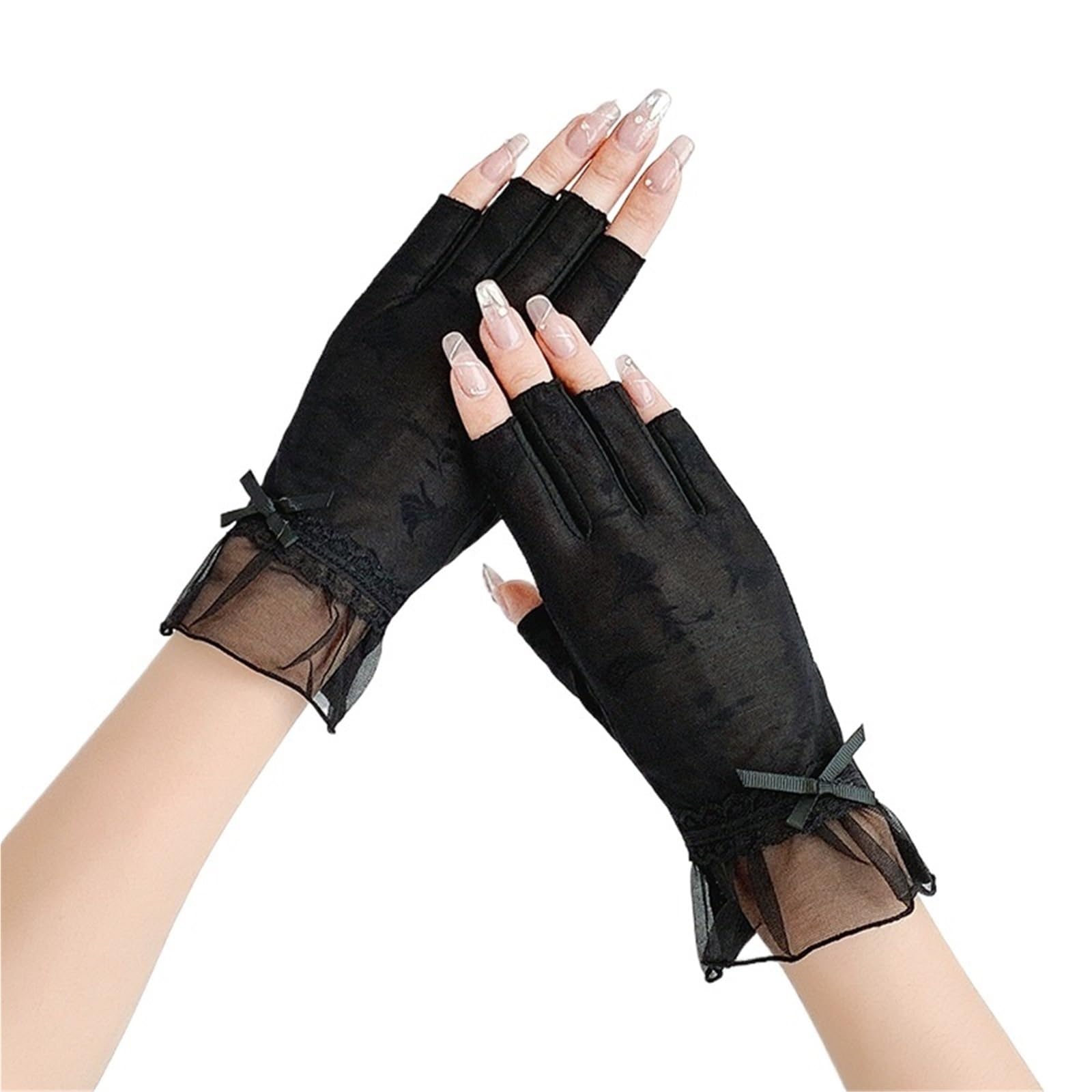 JMORCO Sun Gloves 1 Pair Women Summer Ice Silk Sexy Lace Thin Sunscreen Half Finger Gloves Non Slip Breathable Drive Cycling(Black)