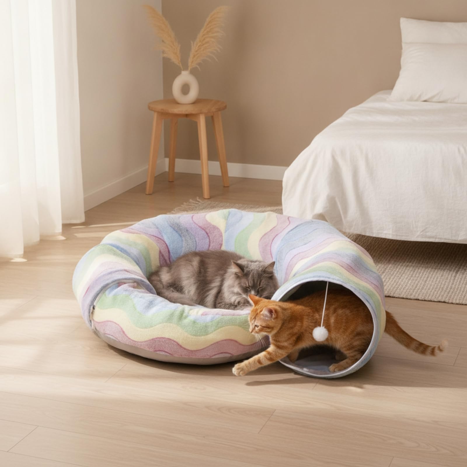 Conducto Peluche Acolchado Conducto Plegable Transpirable Juguete para s, Interiores, Túnel De Gato De Doble Capa con Diseño De Caracol De Rayas Arcoíris, Plegable para Juegos Interactivos
