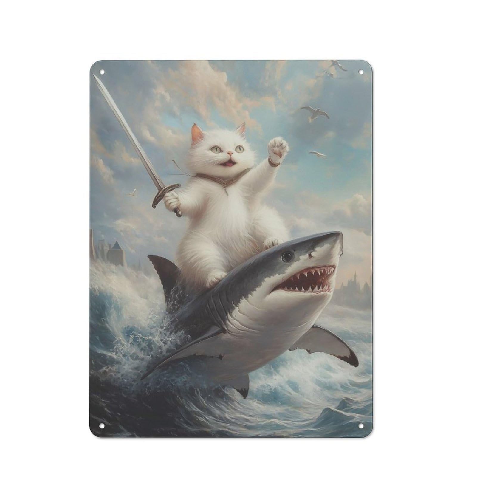 Junmoney Cat Riding Shark Decorative Metal Sign 40X30cm, Creative Studio Wall Plaque For Hobby Room, Office, Lounge Or Living Room