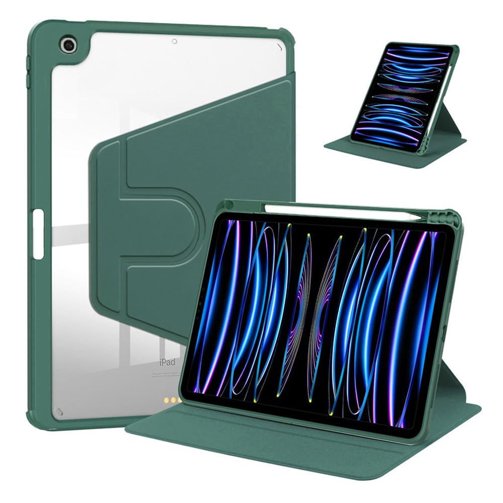 Photo 1 of 360° Rotating Stand Case for iPad 9th/8th/7th Generation 2021/2020/2019 10.2 Inch, Auto Wake/Sleep, Slim Cute Shockproof Clear Transparent PC Back Cover with Pencil Holder Women/Kids (Dark Green)