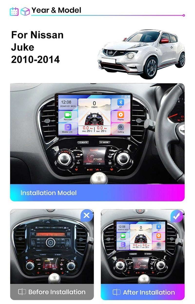 Android 15 2 DIN Car Stereo 9-calowy ekran dotykowy do Nissana Juke 2010-2014 Odtwarzacz MP5 z Bluetooth CarPlay i Android Auto/FM AM RDS Radio/Sterowanie z kierownicy