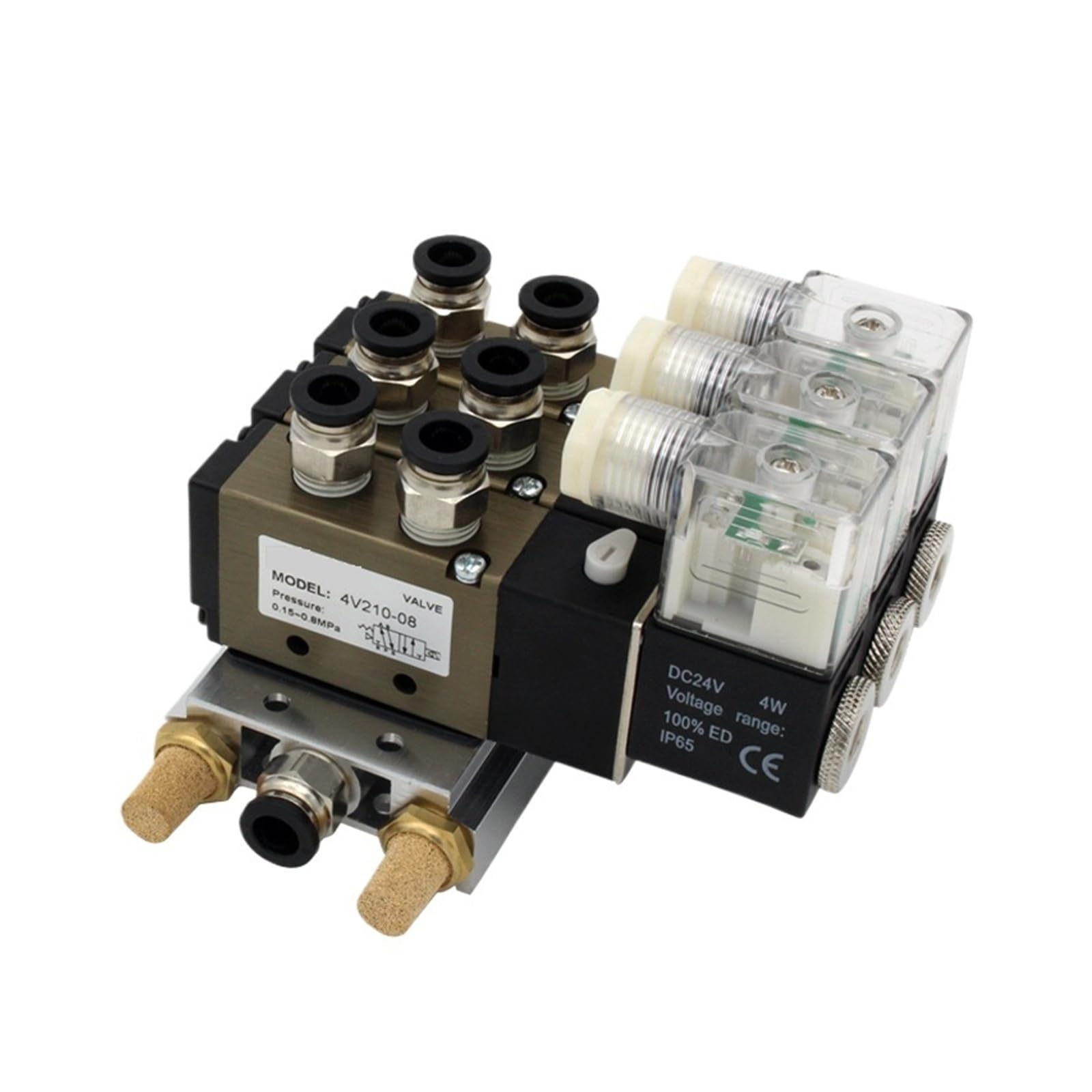 Électrovanne 5 voies distributeur pneumatique 12V raccords 6mm silencieux embase