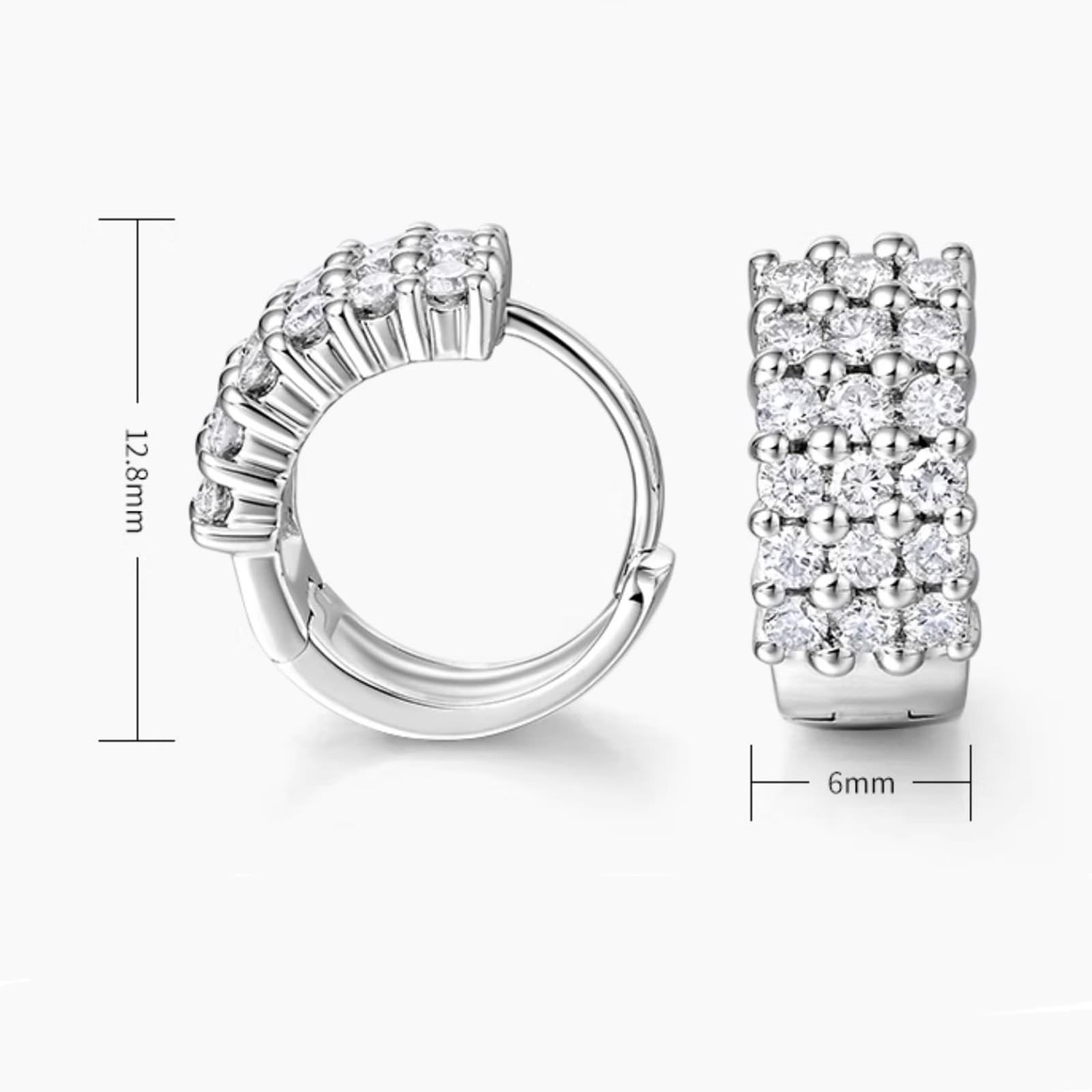 Epinki Creole Hoop 9K/14K/18K białe złoto, 3 rzędy damskich kolczyków na sztyfcie z diamentem (okrągły szlif, biały), kolczyki damskie 18/14/9-karatowe złoto, prawdziwa biżuteria,
