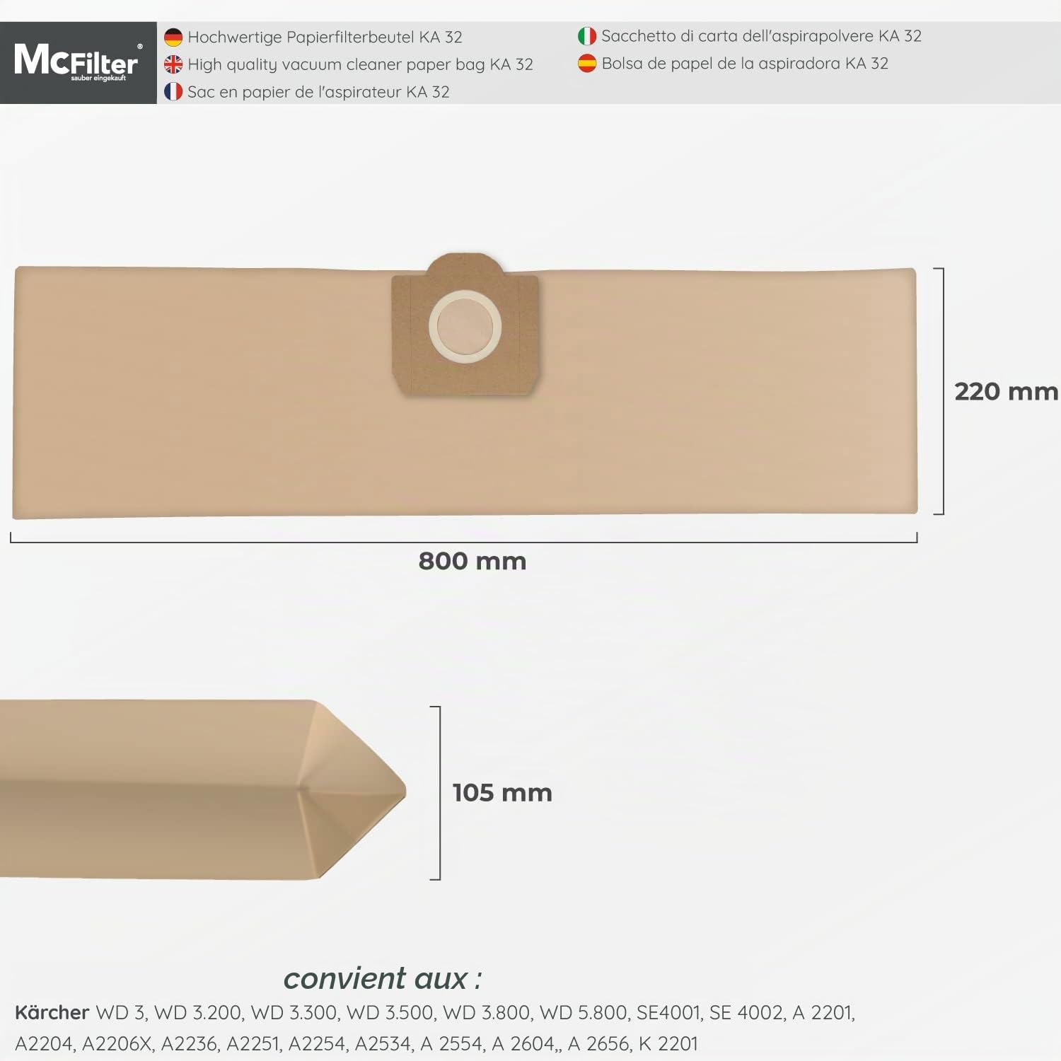 McFilter I Lot de 20 sacs d'aspirateur + 2 filtres pour Karcher A2604, A2204, A2254, A2200, A2201, A2206, A2231, A2236, A2251, A2500, A2504, A2534, A2554, A2654, A2542, A2675