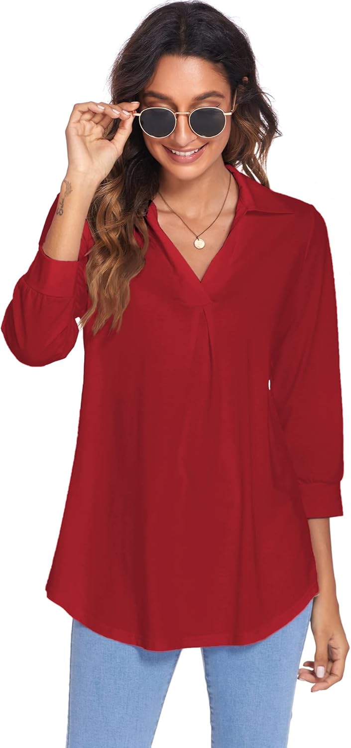 Newchoice Womens Collared V Neck 3/4 Sleeve Shirts Business Casual Tops Loose Work Blouses (M-3XL) - Image 7